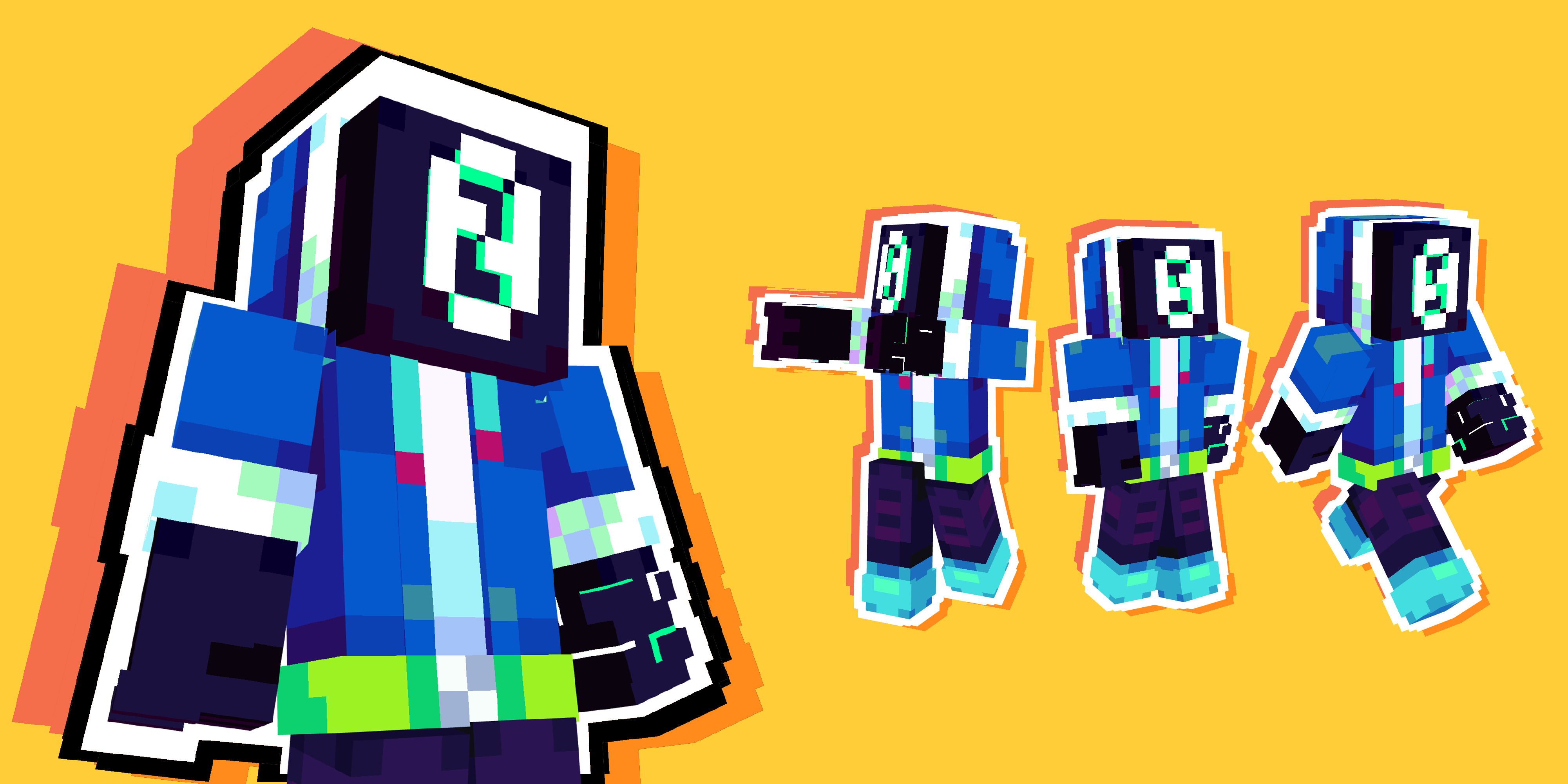 GuyZ3RO profile artwork &mdash; a Minecraft character hero pose plus three full-body poses