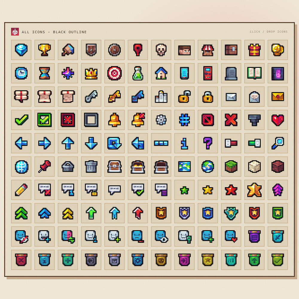 Sheet of black-outlined 2D pixel-art icons from the All Your Iconz pack &mdash; One Raid Studio