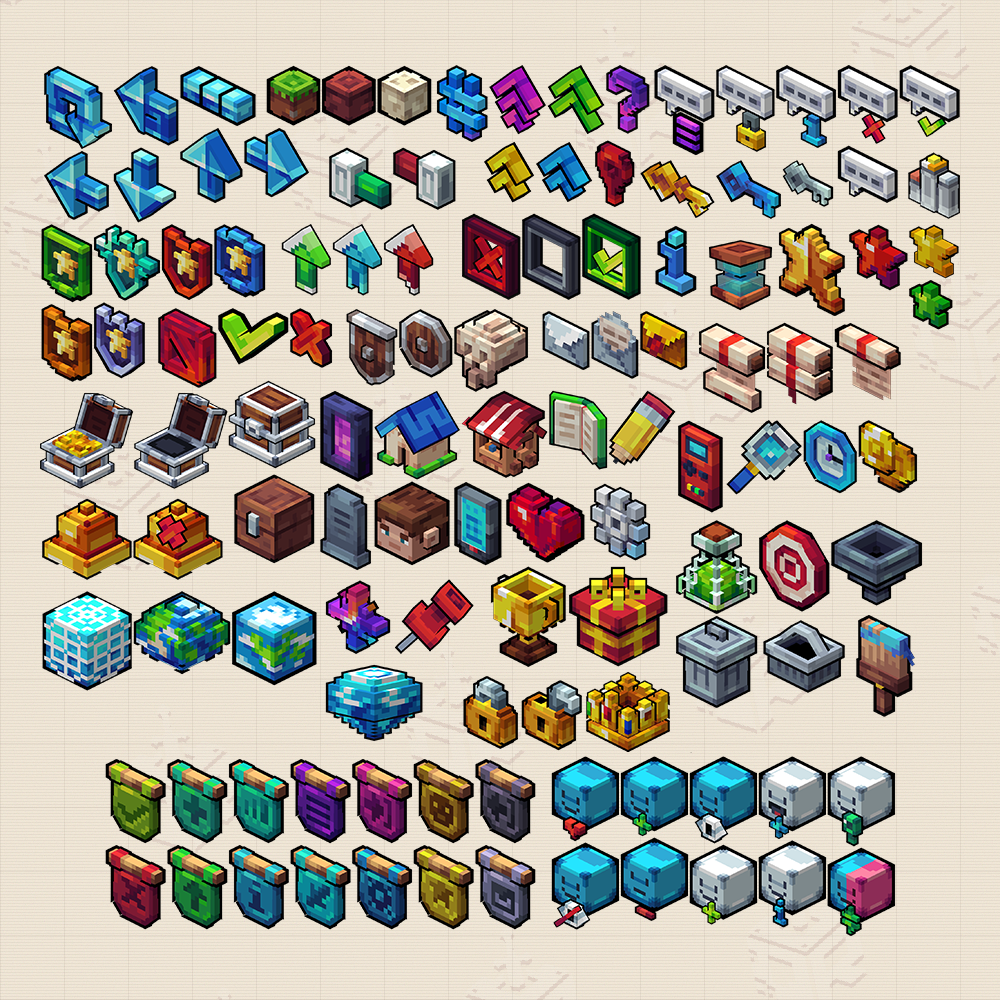 Sheet of over a hundred isometric Minecraft block models from the All Your Iconz pack &mdash; One Raid Studio