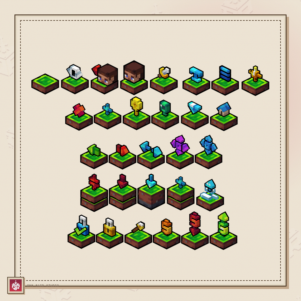 Thirty isometric claim and territory marker dioramas from the Claim Iconz pack &mdash; One Raid Studio