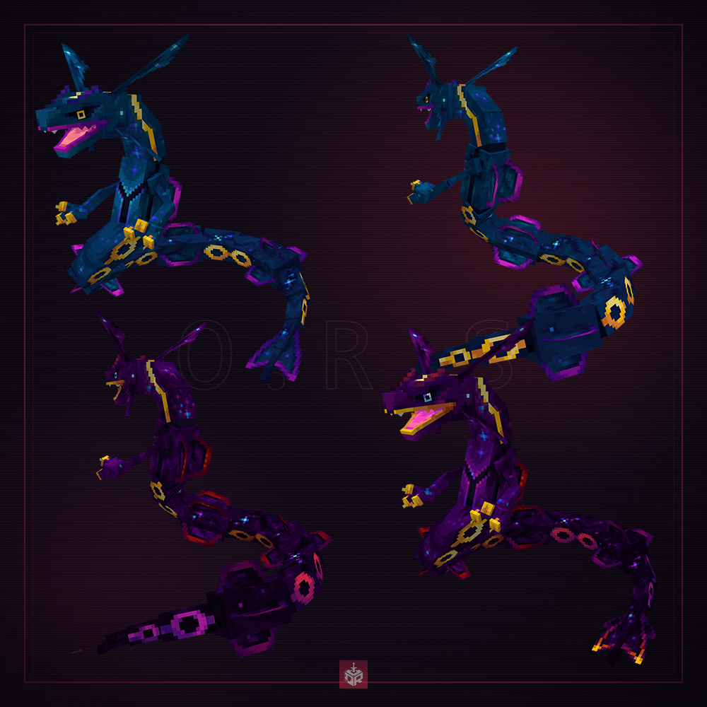 Rayquaza model in a galaxy-theme retexture, shown in regular and shiny variants &mdash; One Raid Studio
