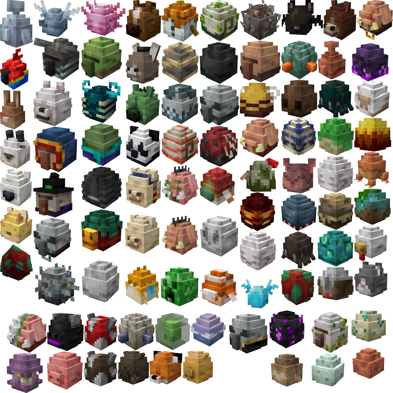 Grid of Minecraft mob models rebuilt as rounded spawn-egg forms &mdash; One Raid Studio