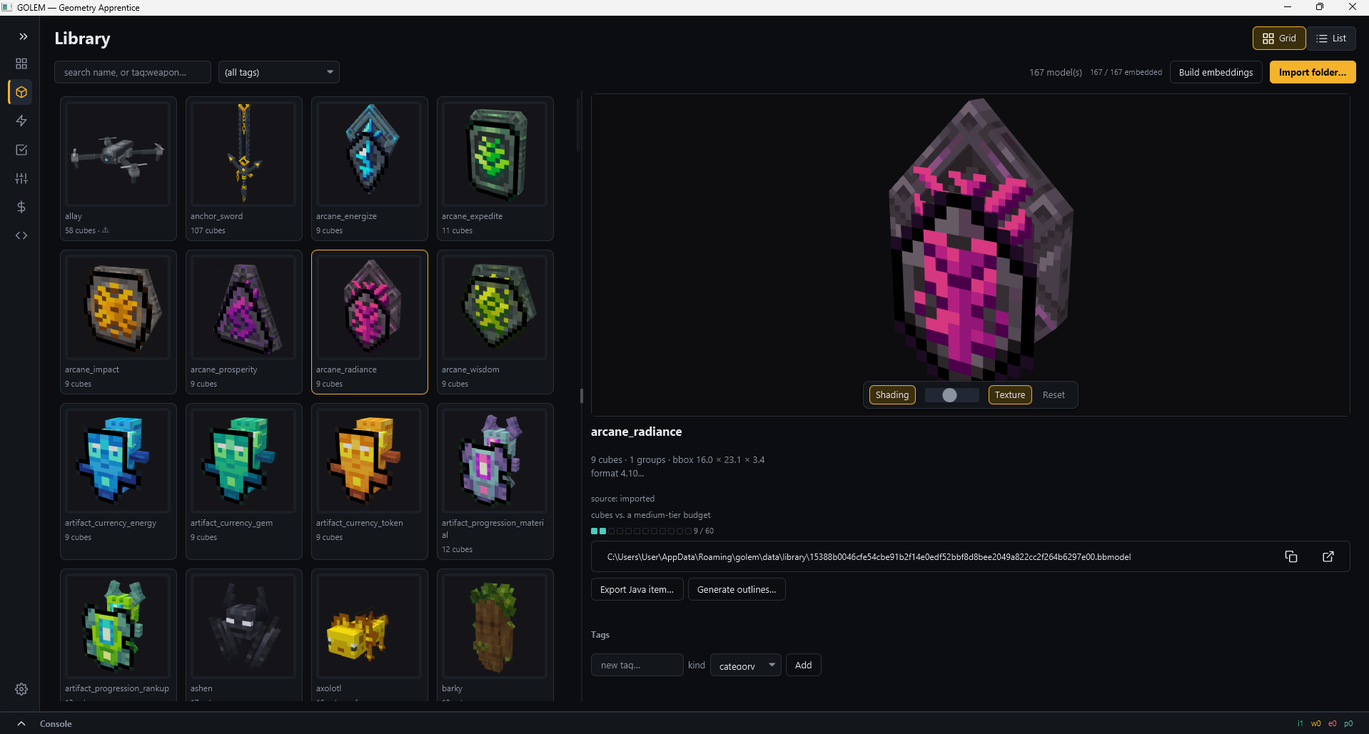 Golem desktop app showing a Blockbench model library with tags and a live 3D preview &mdash; One Raid Studio