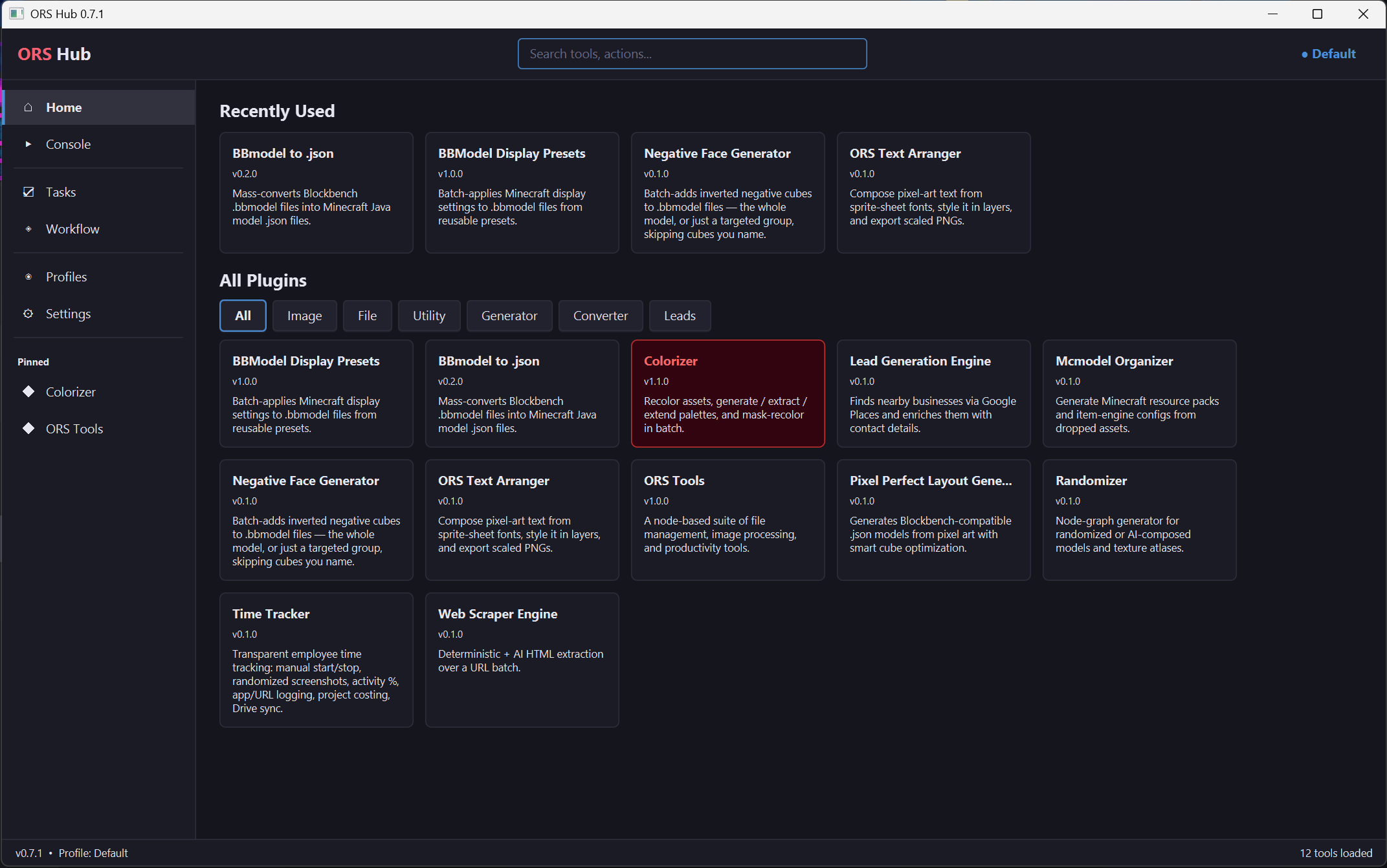 ORS Hub desktop app showing a searchable grid of twelve internal studio tools &mdash; One Raid Studio